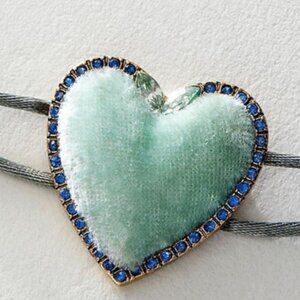 NWOT Green Velvet Heart Choker with Blue Rhinestones | Free People